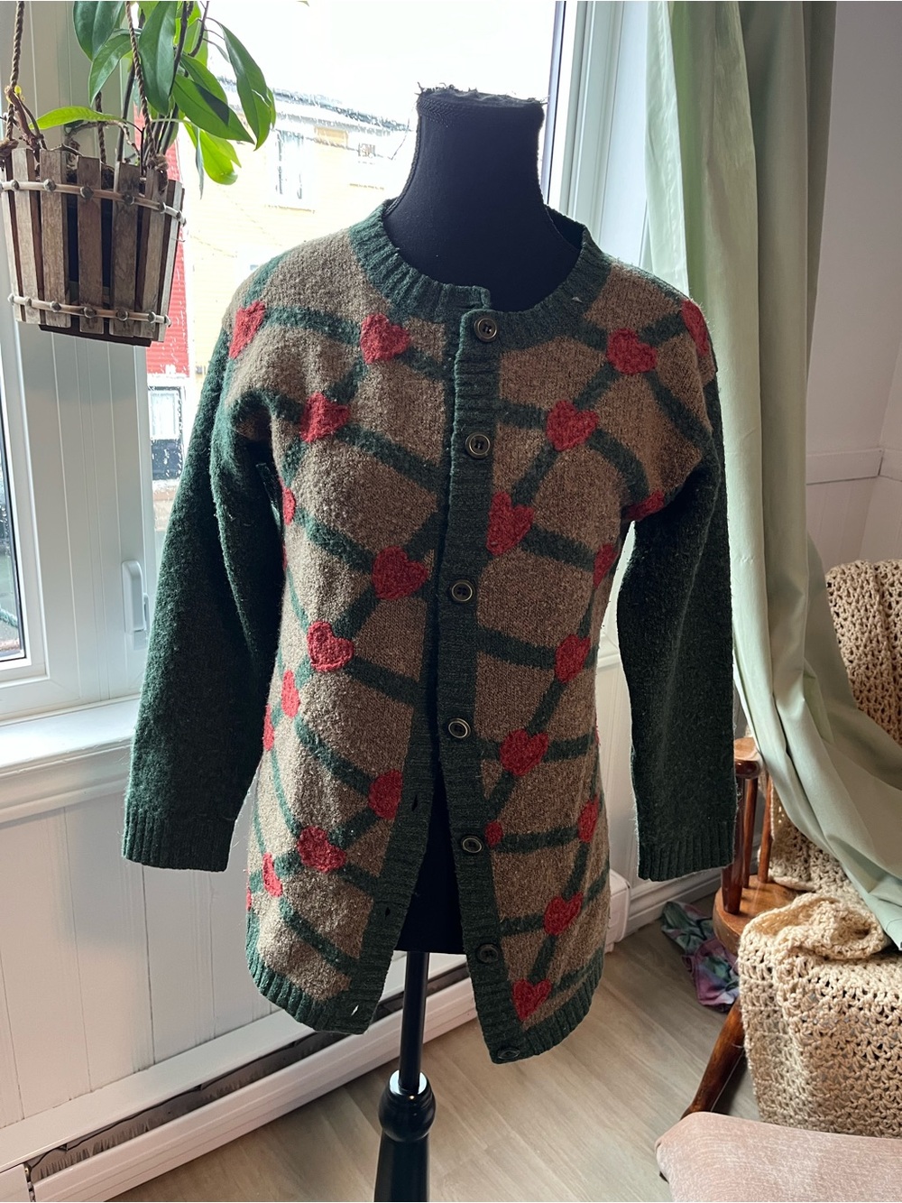 Women’s Vintage Green & Tan Heart Patterned Button Cardigan Sweater S